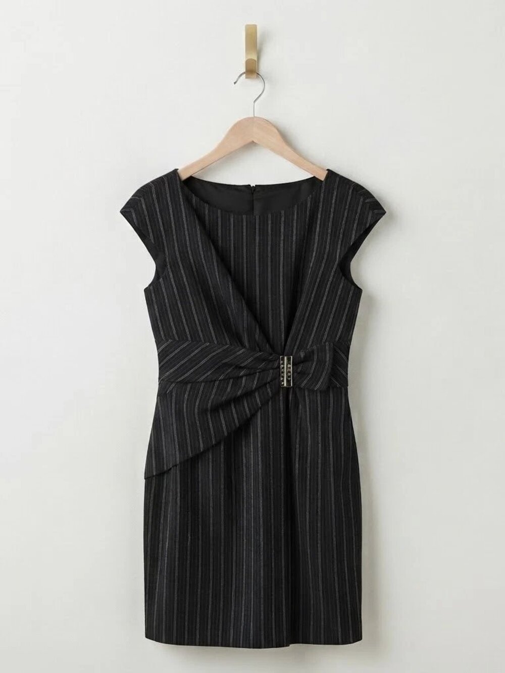 Anne Klein Black Pinstripe Asymmetrical Twist Dress Size 4 Office Career Glam